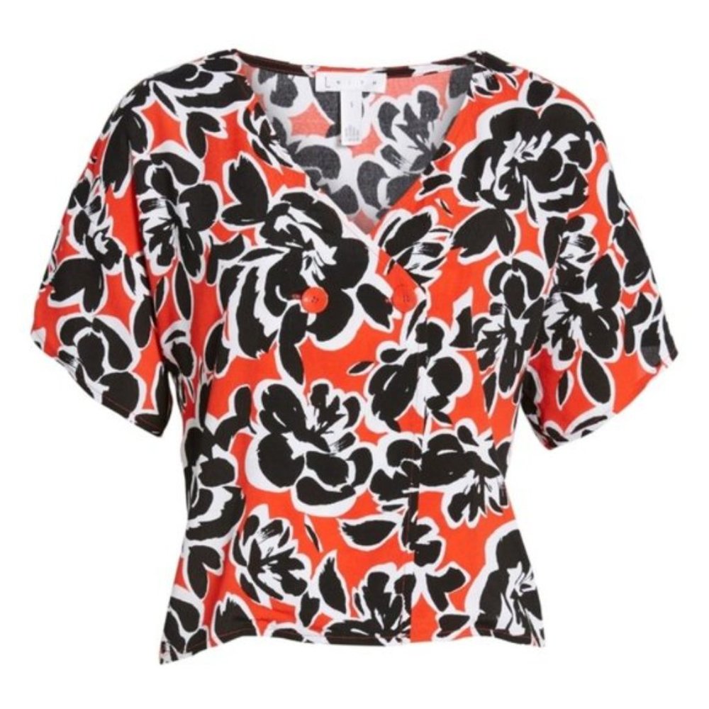 NEW Leith Floral Print Double-Breasted Short Sleeve Top - Size M